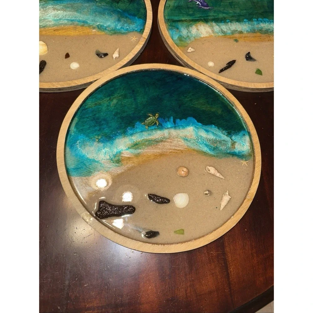 Handmade Resin Beach Tray Ocean Vibes ‎ Epoxy Art   Decor Lot Of 3